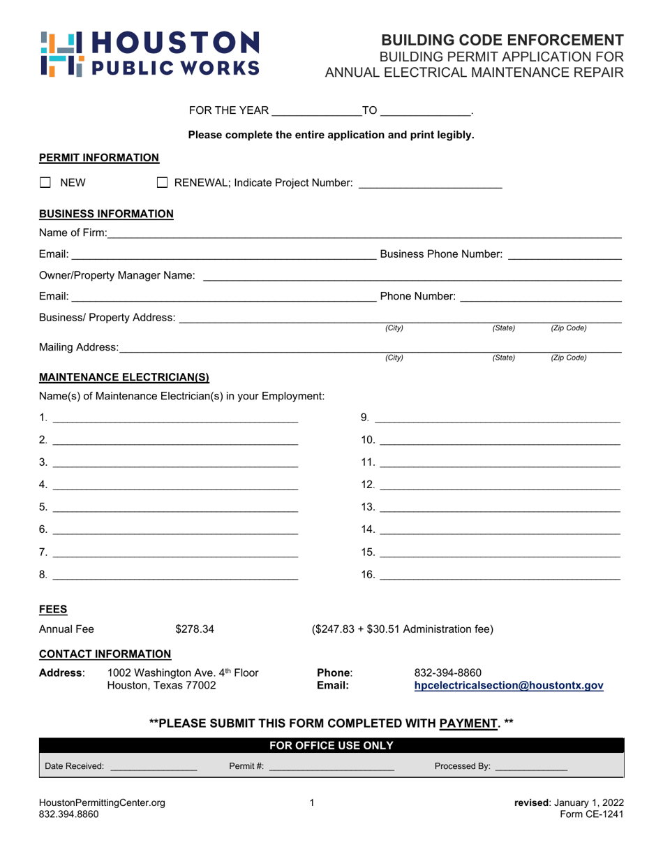 Form CE-1241 Building Permit Application for Annual Electrical Maintenance Repair - City of Houston, Texas, Page 1
