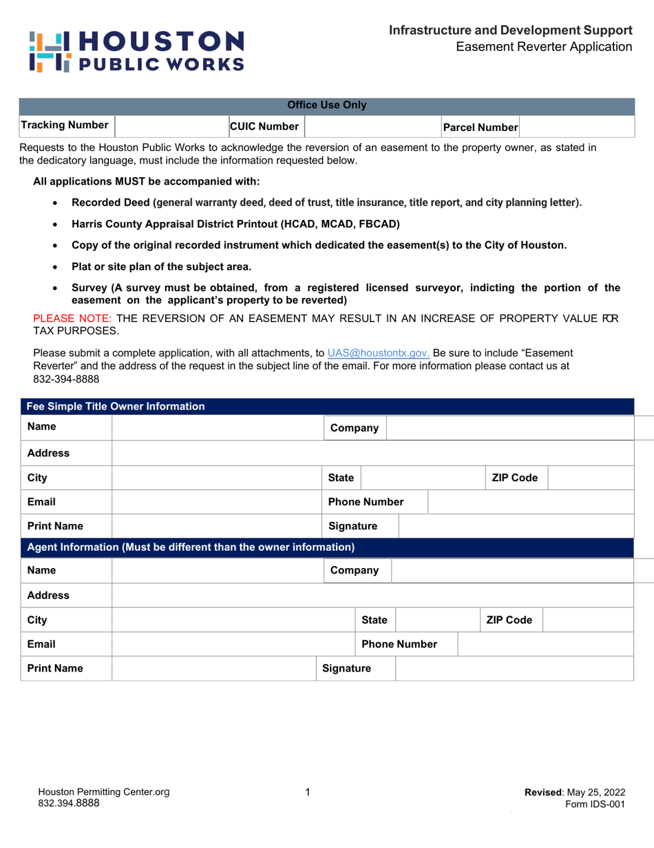 Form IDS-001 Easement Reverter Application - City of Houston, Texas, Page 1