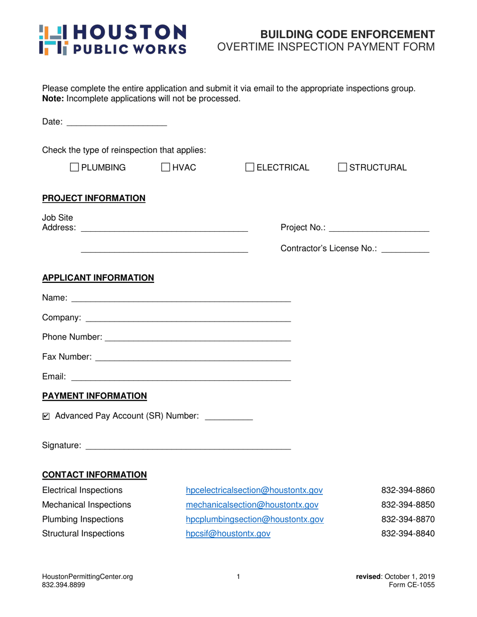 Form CE-1055 Overtime Inspection Payment Form - City of Houston, Texas, Page 1