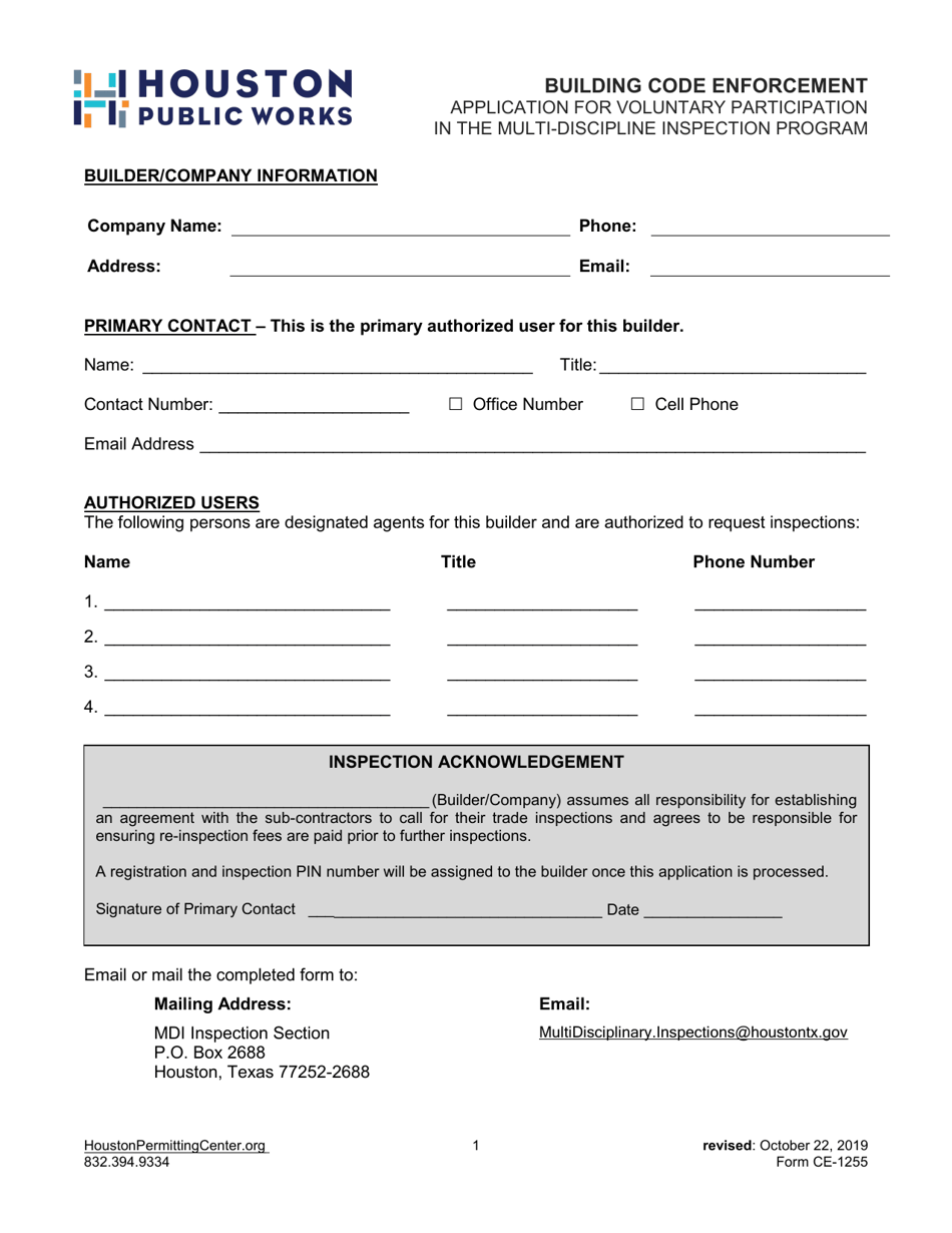 Form CE-1255 Application for Voluntary Participation in the Multi-Discipline Inspection Program - City of Houston, Texas, Page 1