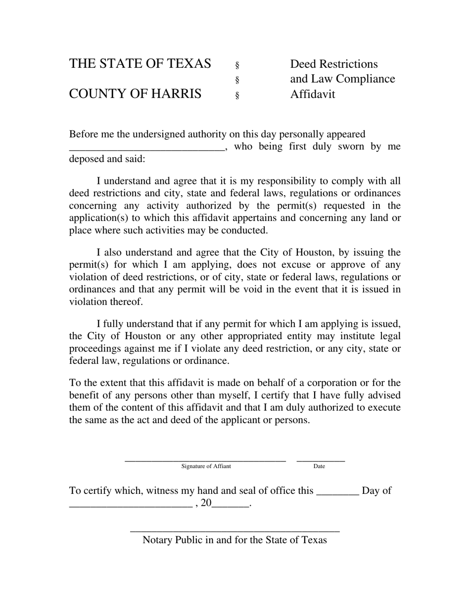 Deed Restrictions and Law Compliance Affidavit - City of Houston, Texas, Page 1