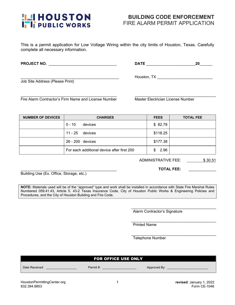 Form CE-1046 Fire Alarm Permit Application - City of Houston, Texas, Page 1