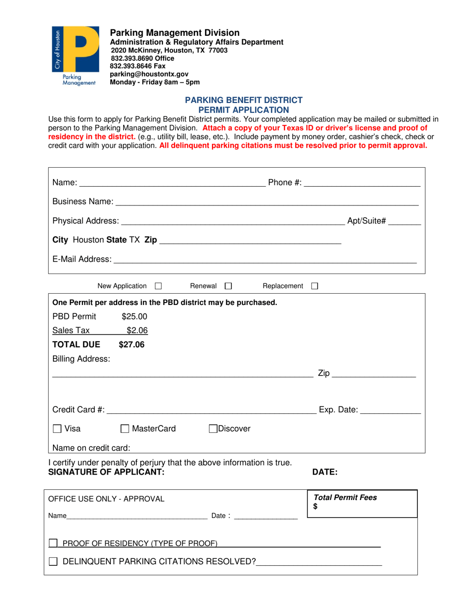 City of Houston, Texas Parking Benefit District Permit Application Fill Out, Sign Online and