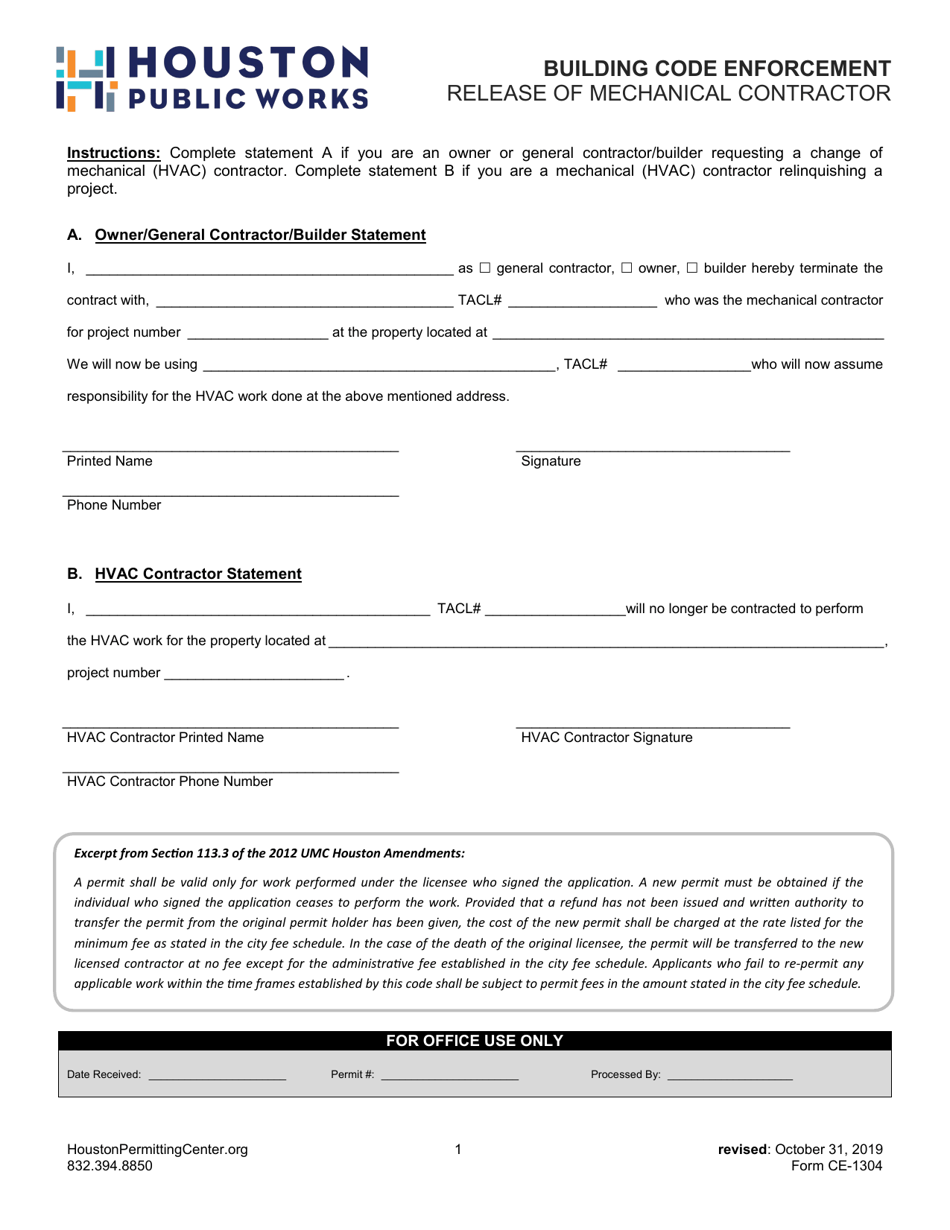 Form CE-1304 Release of Mechanical Contractor - City of Houston, Texas, Page 1