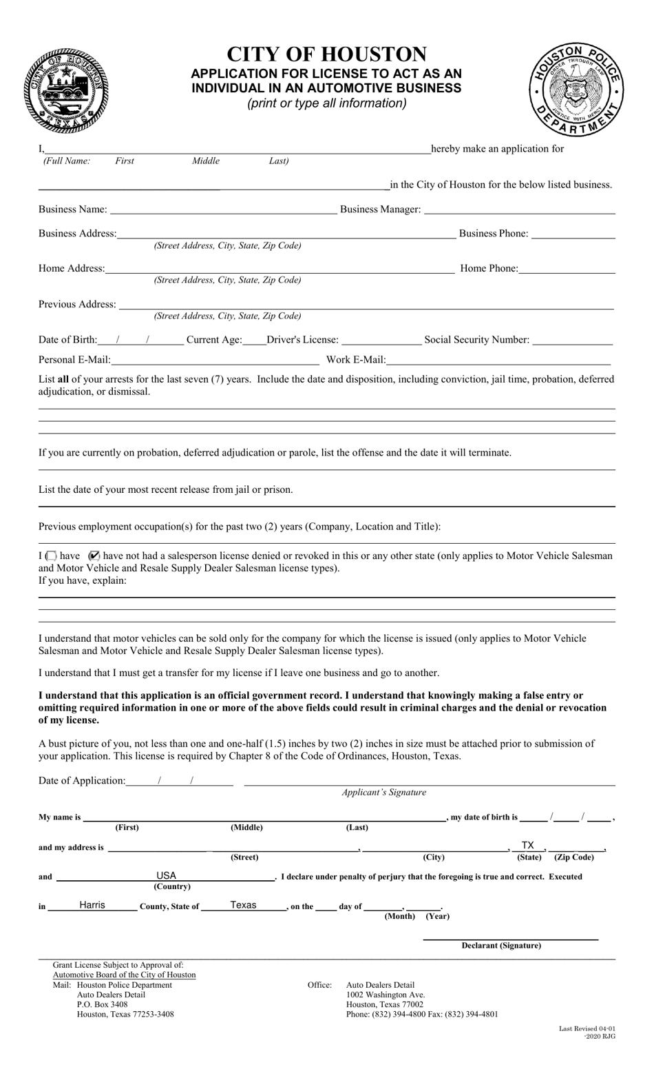 Application for License to Act as an Individual in an Automotive Business - City of Houston, Texas, Page 1