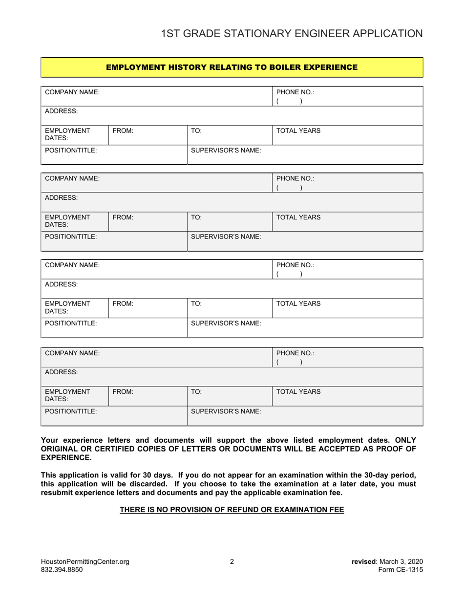 Form CE-1315 First Grade Stationary Engineer Application - City of Houston, Texas, Page 2
