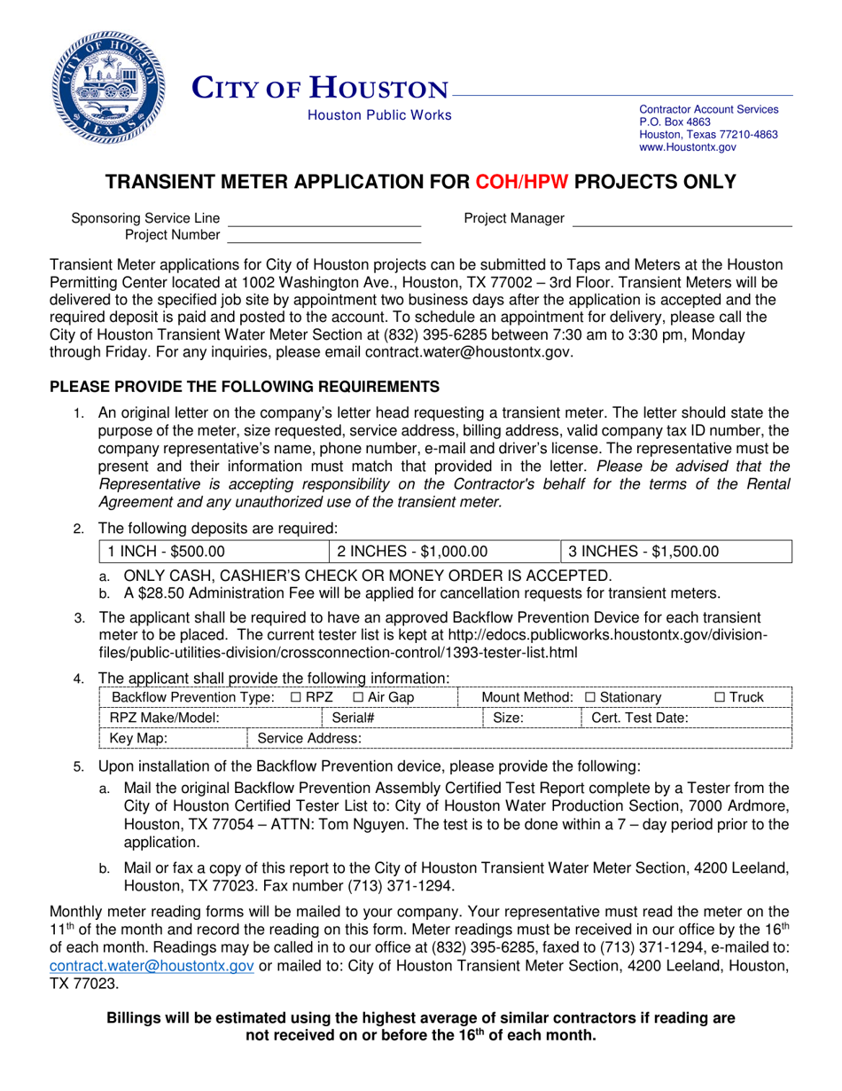 Transient Meter Application for Coh / Hpw Projects Only - City of Houston, Texas, Page 1
