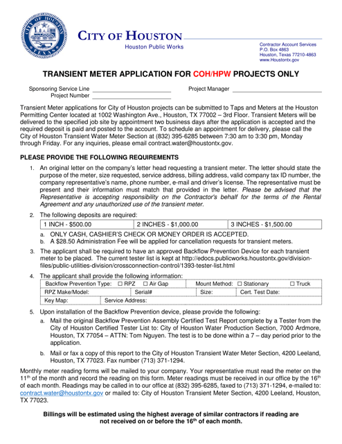 Transient Meter Application for Coh / Hpw Projects Only - City of Houston, Texas Download Pdf