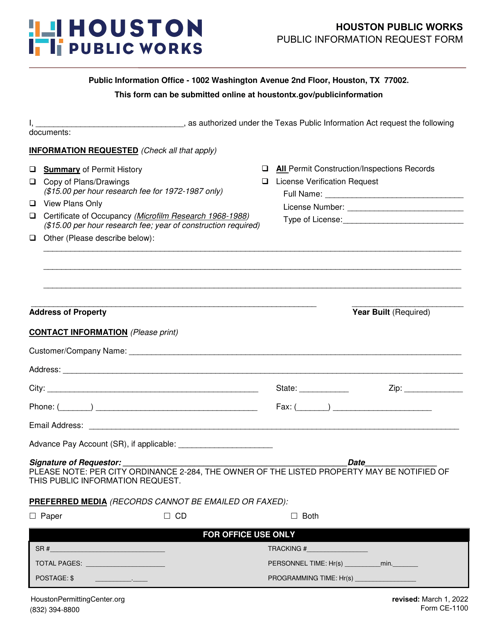 Form CE-1100 Public Information Request Form - City of Houston, Texas