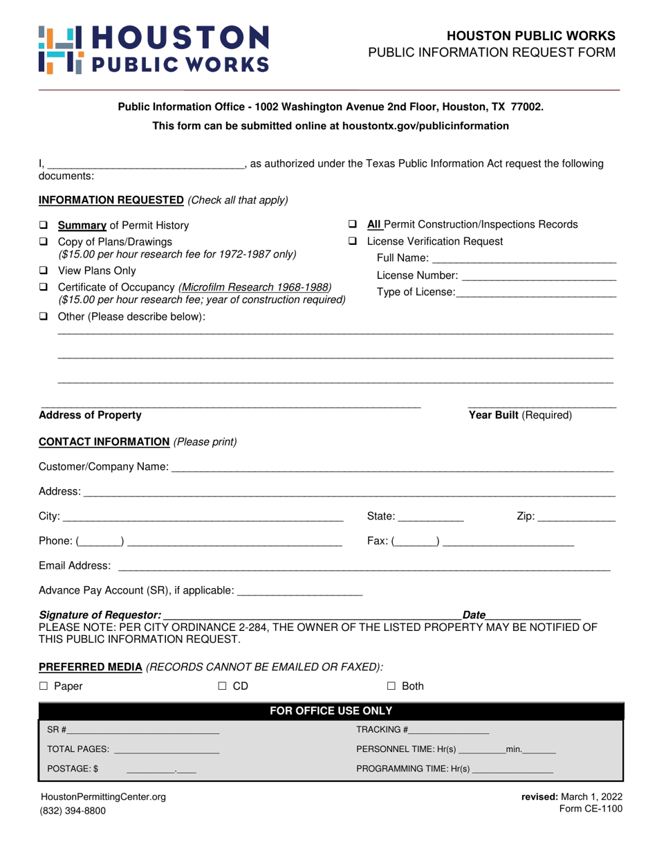Form CE-1100 Public Information Request Form - City of Houston, Texas, Page 1