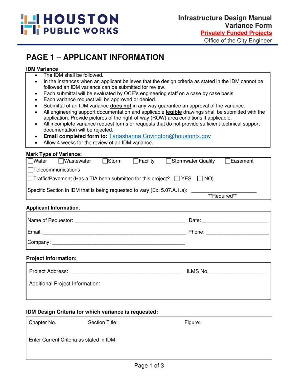 Infrastructure Design Manual Variance Form - City of Houston, Texas, Page 1