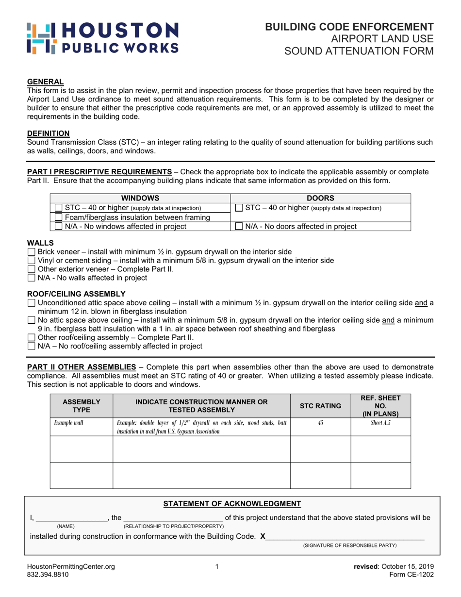 Form CE-1202 Airport Land Use Sound Attenuation Form - City of Houston, Texas, Page 1