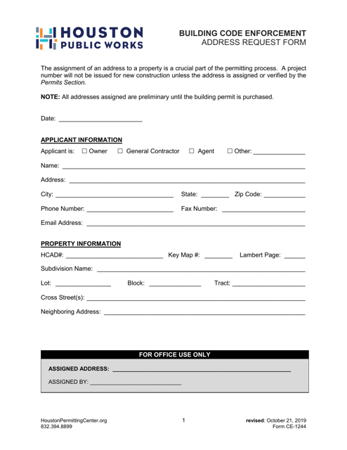 Form CE-1244 Address Request Form - City of Houston, Texas