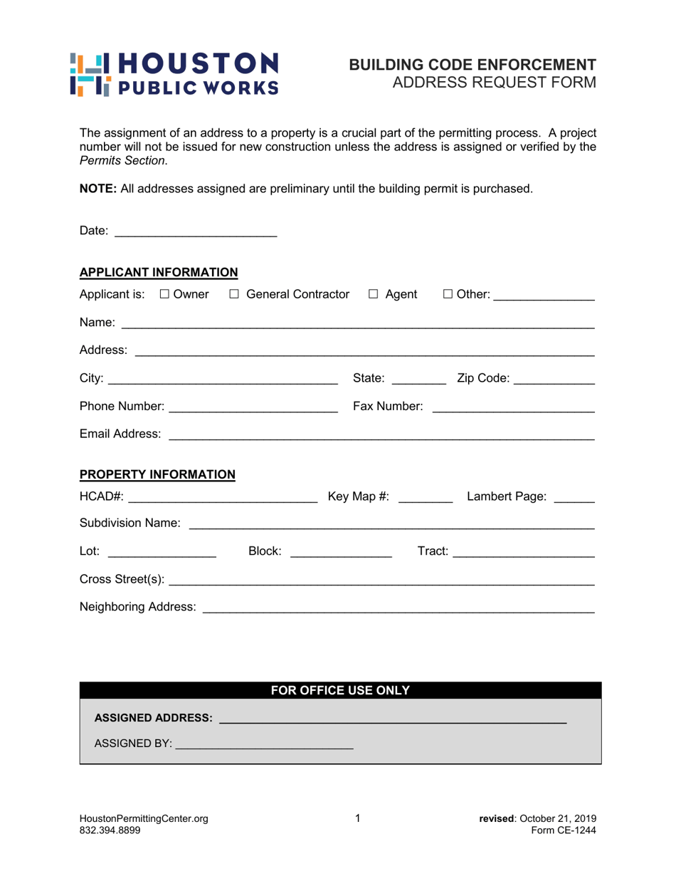 Form CE-1244 Address Request Form - City of Houston, Texas, Page 1