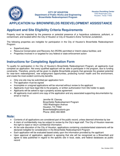 Application for Brownfields Redevelopment Assisstance - City of Houston, Texas