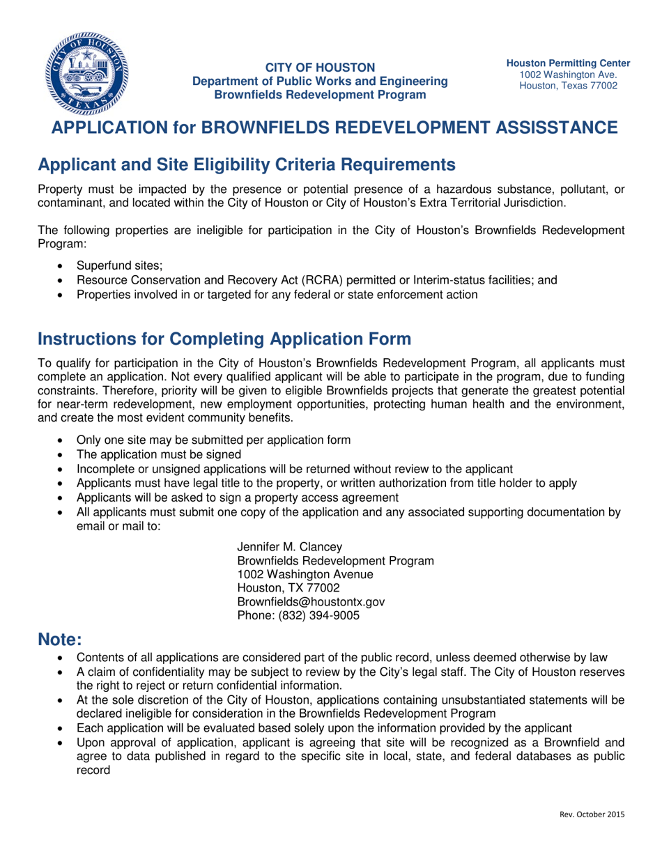 Application for Brownfields Redevelopment Assisstance - City of Houston, Texas, Page 1