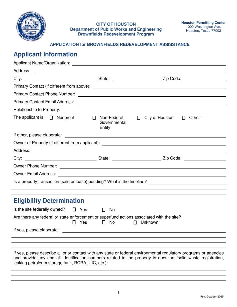 Application for Brownfields Redevelopment Assisstance - City of Houston, Texas, Page 2
