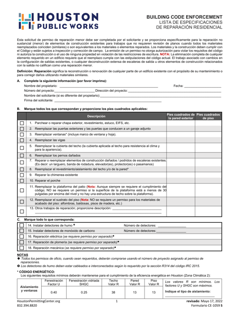 Formulario CE-1059 S Lista De Especificaciones De Reparacion Residencial - City of Houston, Texas (Spanish)