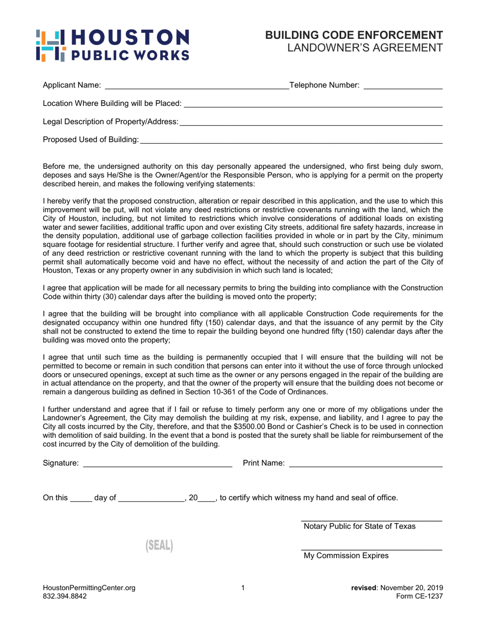 Form CE-1237 Landowners Agreement - City of Houston, Texas, Page 1