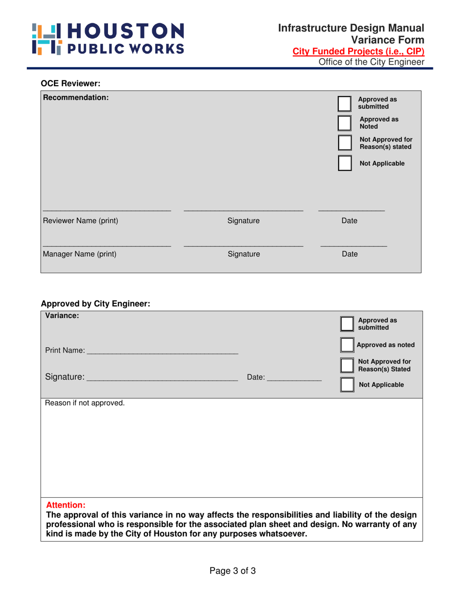 Infrastructure Design Manual Variance Form - City Funded Projects (I.e., Cip) - City of Houston, Texas, Page 3