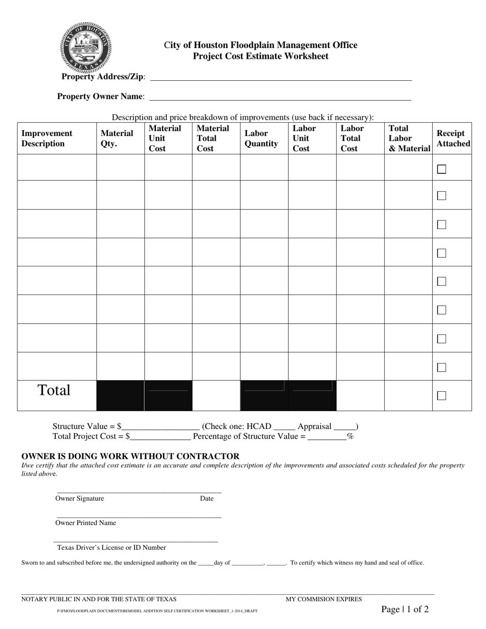 Project Cost Estimate Worksheet - City of Houston, Texas, Page 1