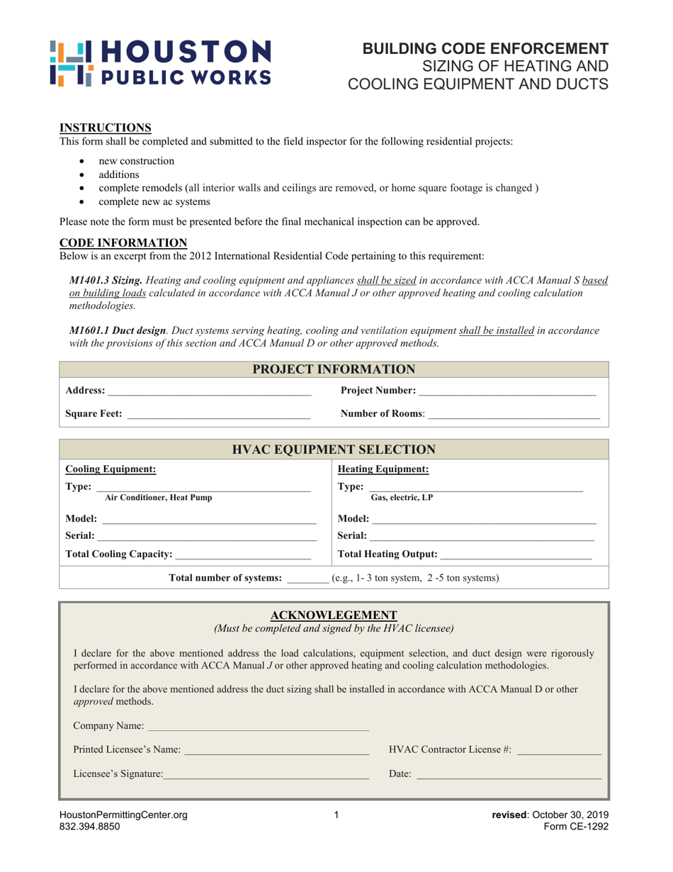 Form CE-1292 Sizing of Heating and Cooling Equipment and Ducts - City of Houston, Texas, Page 1