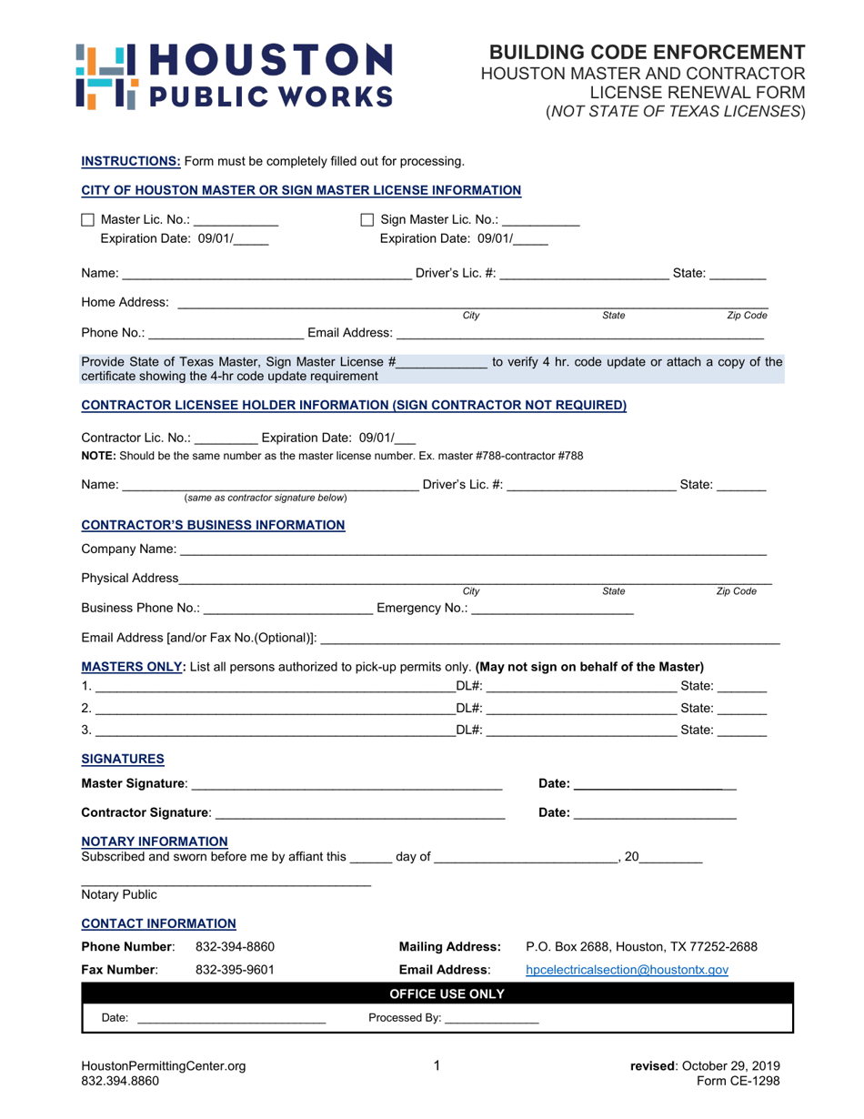 Form CE-1298 Houston Master and Contractor License Renewal Form - City of Houston, Texas, Page 1