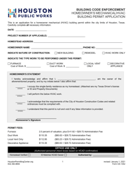 Document preview: Form CE-1352 Homeowner's Mechanical/Hvac Building Permit Application - City of Houston, Texas