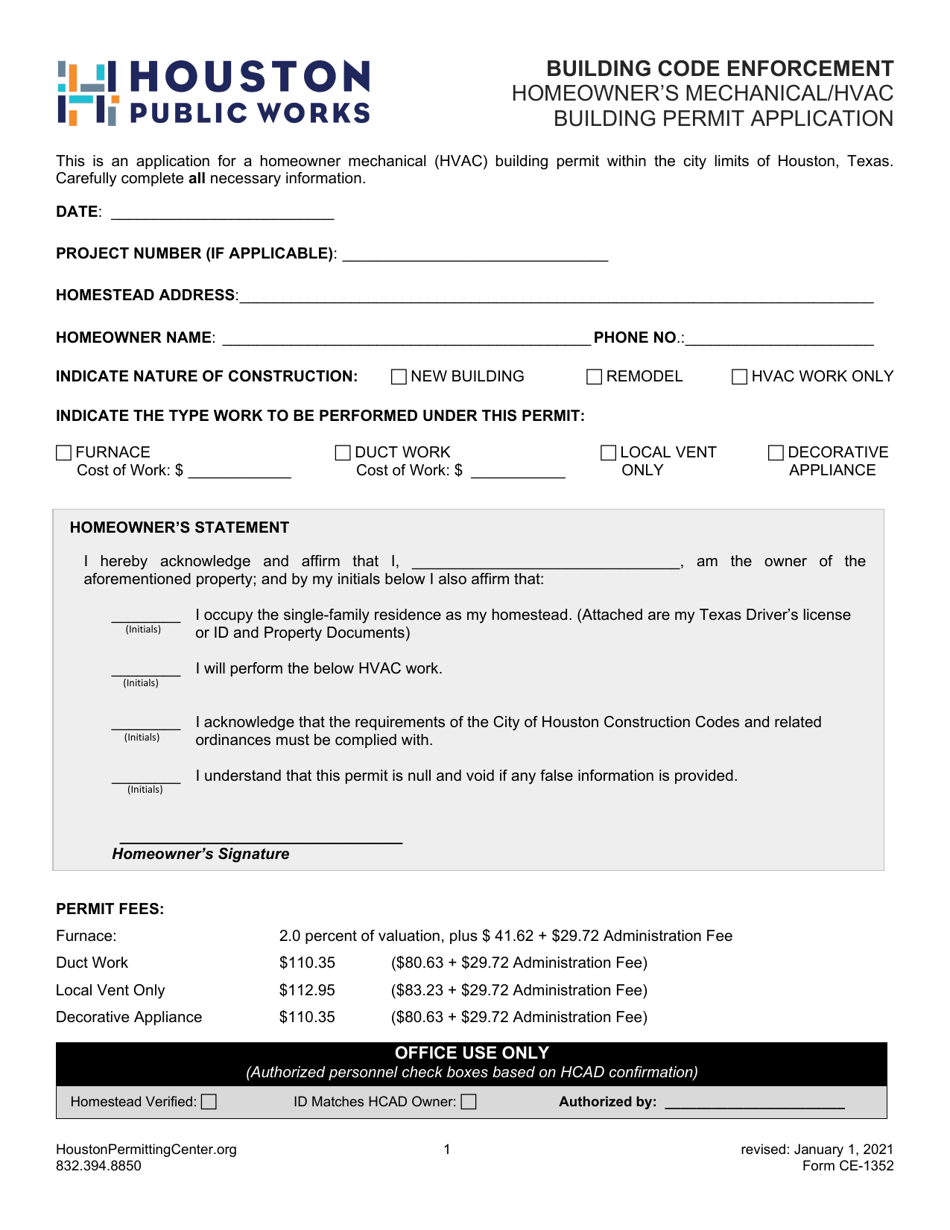 Form CE-1352 Homeowners Mechanical / HVAC Building Permit Application - City of Houston, Texas, Page 1