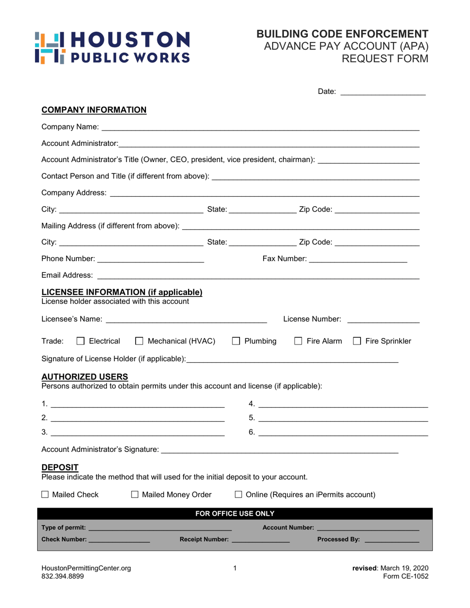 Form CE-1052 Advance Pay Account (Apa) Request Form - City of Houston, Texas, Page 1