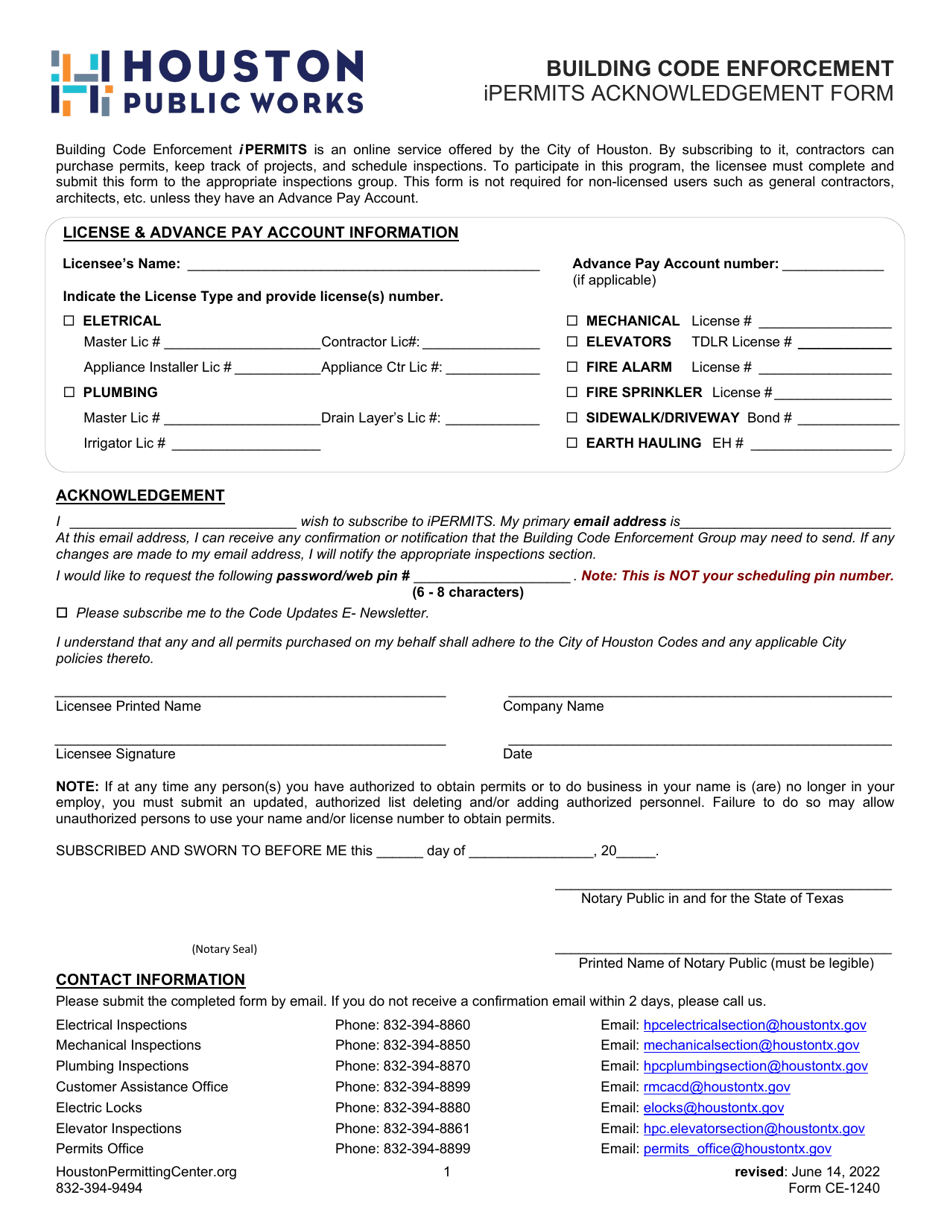 Form CE-1240 Ipermits Acknowledgement Form - City of Houston, Texas, Page 1