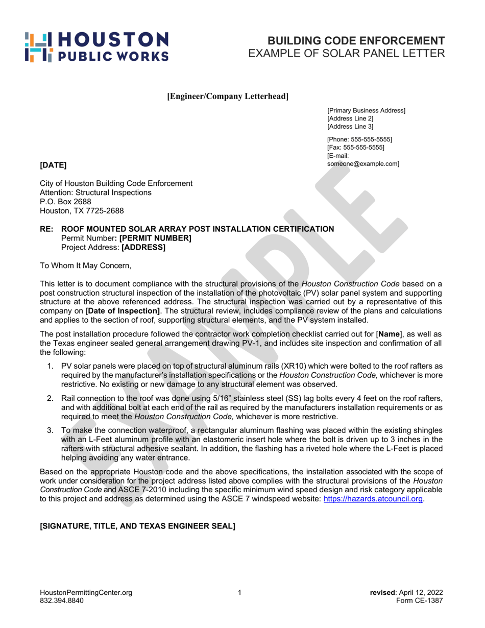 Form CE-1387 Solar Panel Letter - Example - City of Houston, Texas, Page 1