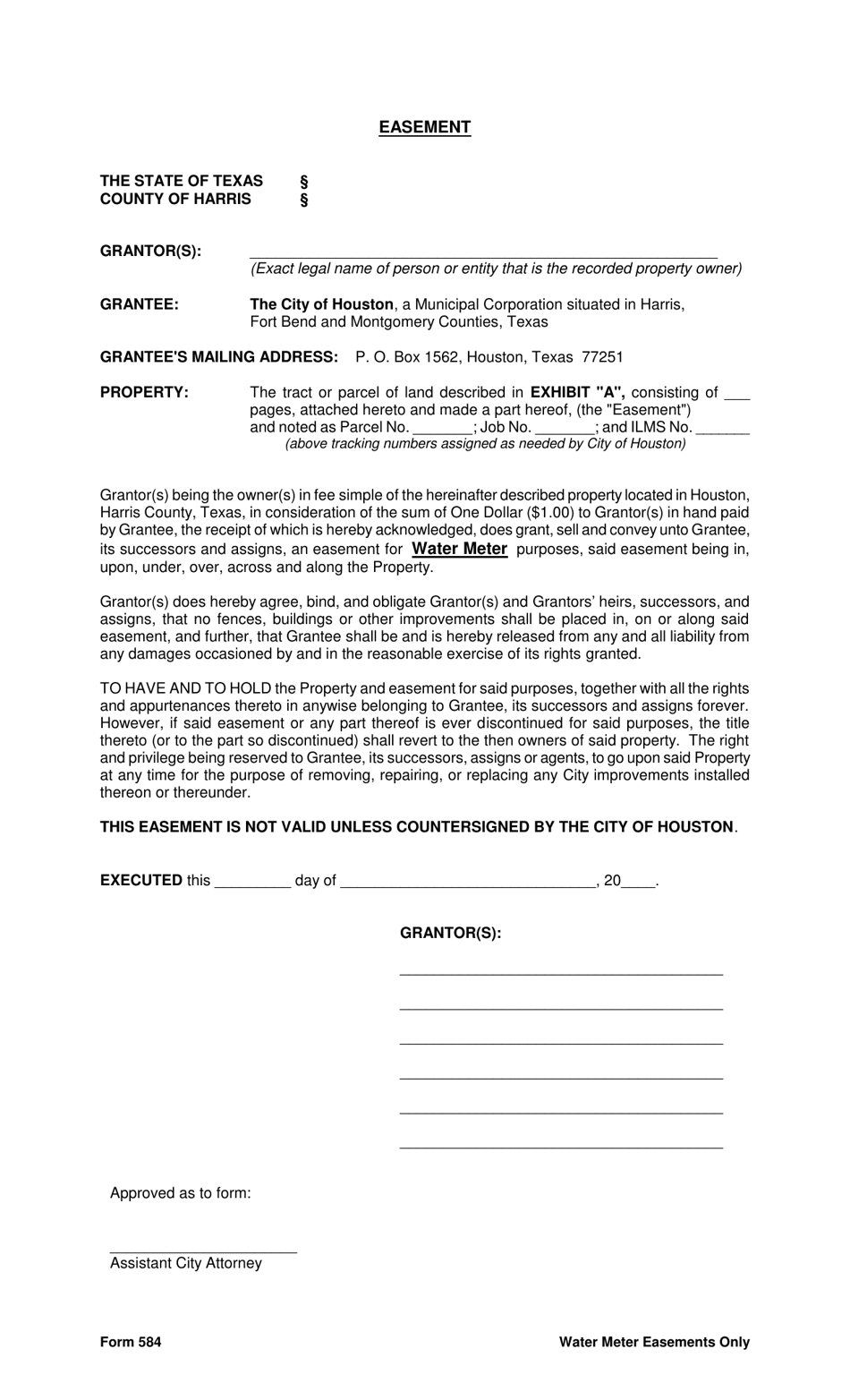 Form 584 Water Meter Easement - City of Houston, Texas, Page 1