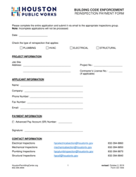 Document preview: Form CE-1054 Reinspection Payment Form - City of Houston, Texas