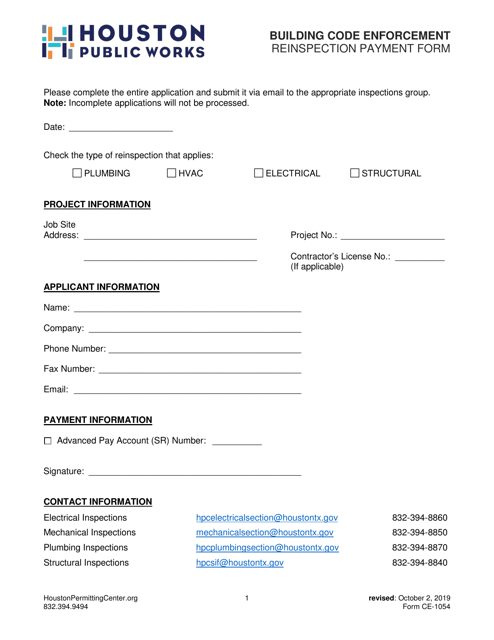 Form CE-1054 Reinspection Payment Form - City of Houston, Texas