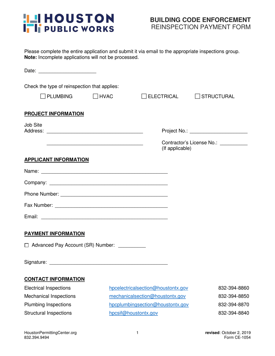 Form CE-1054 Reinspection Payment Form - City of Houston, Texas, Page 1