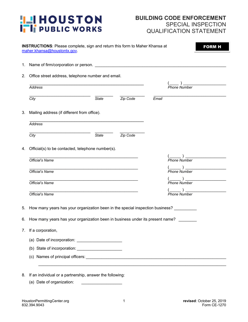 Form H (CE-1270) Special Inspection Qualification Statement - City of Houston, Texas, Page 1