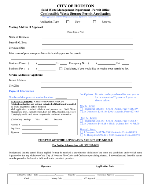 Combustible Waste Storage Permit Application - City of Houston, Texas