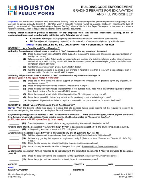 Form CE-1094 Grading Permits for Excavation and Fill Worksheet - City of Houston, Texas