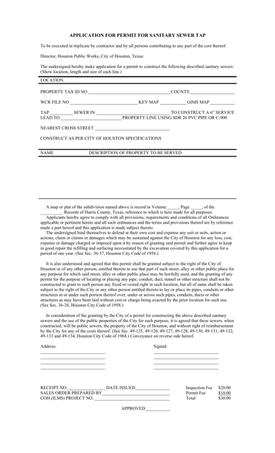 Application for Permit for Sanitary Sewer Tap - City of Houston, Texas
