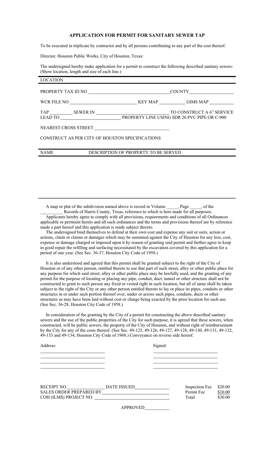 City Of Houston Texas Application For Permit For Sanitary Sewer Tap Fill Out Sign Online And 2167