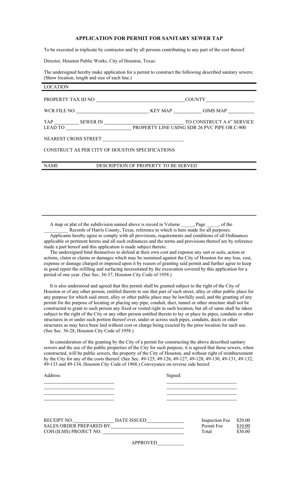 Application for Permit for Sanitary Sewer Tap - City of Houston, Texas, Page 1