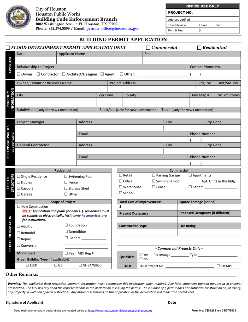 Form CE-1263 Building Permit Application - City of Houston, Texas, Page 1