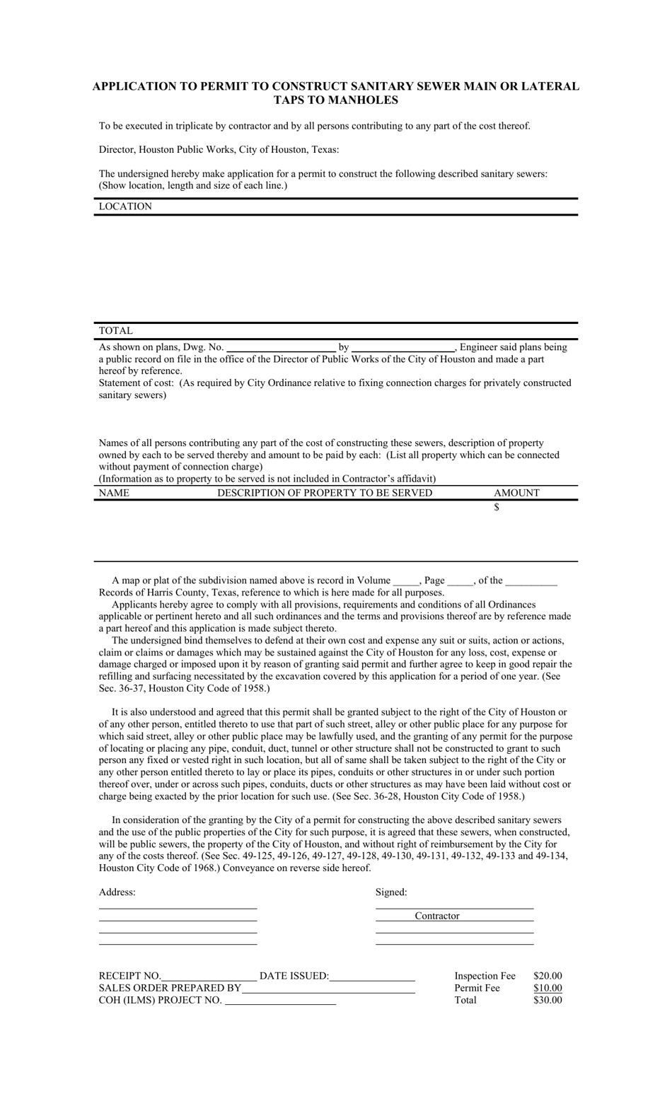 Application to Permit to Construct Sanitary Sewer Main or Lateral Taps to Manholes - City of Houston, Texas, Page 1
