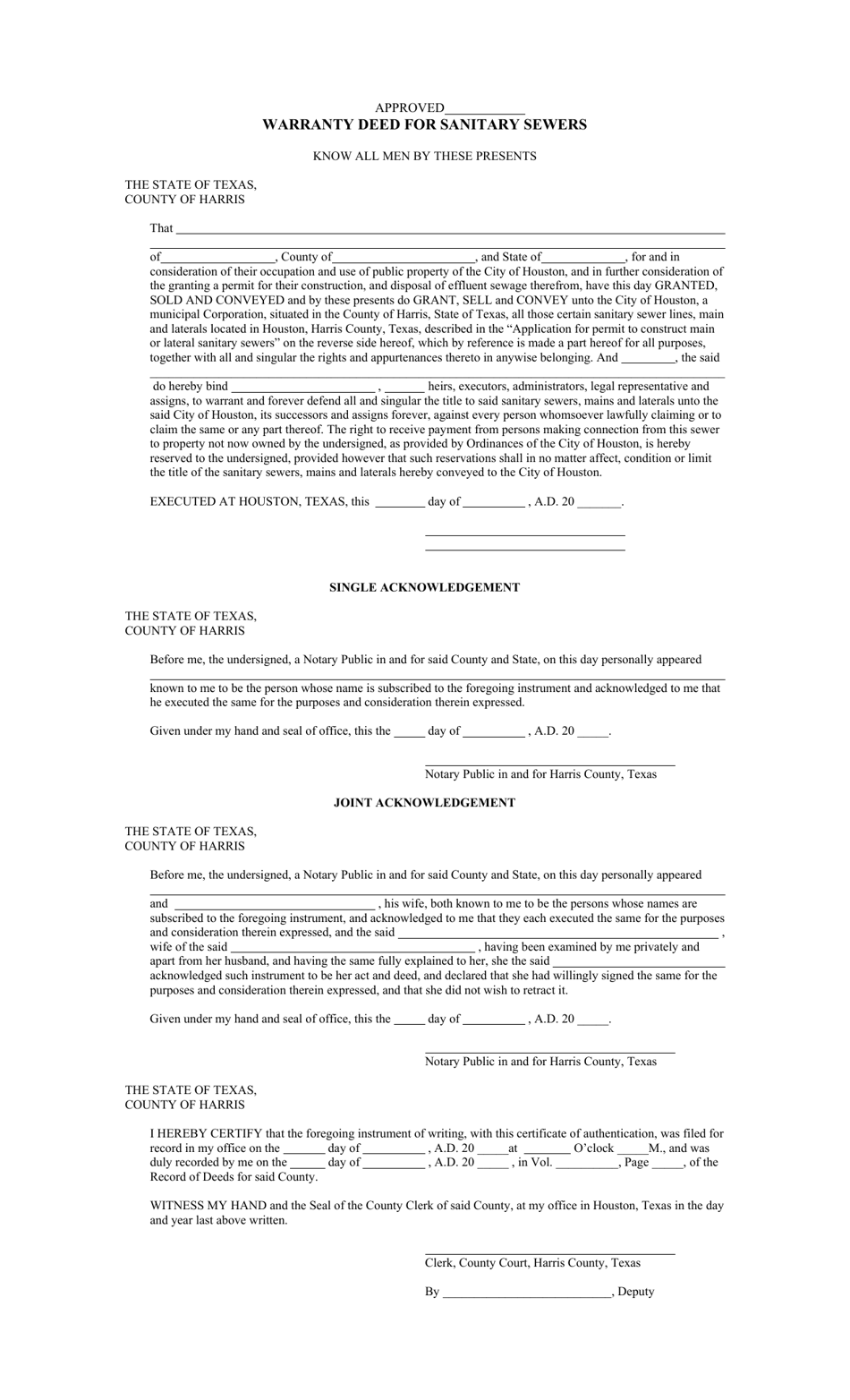 City of Houston, Texas Application to Permit to Construct Sanitary ...