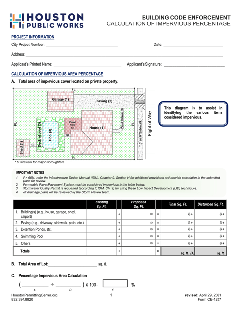 Form CE-1207 Calculation of Impervious Percentage - City of Houston, Texas
