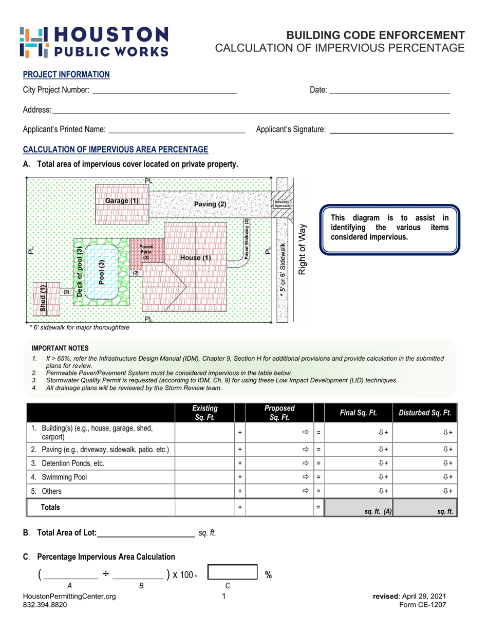 Form CE-1207 Calculation of Impervious Percentage - City of Houston, Texas, Page 1