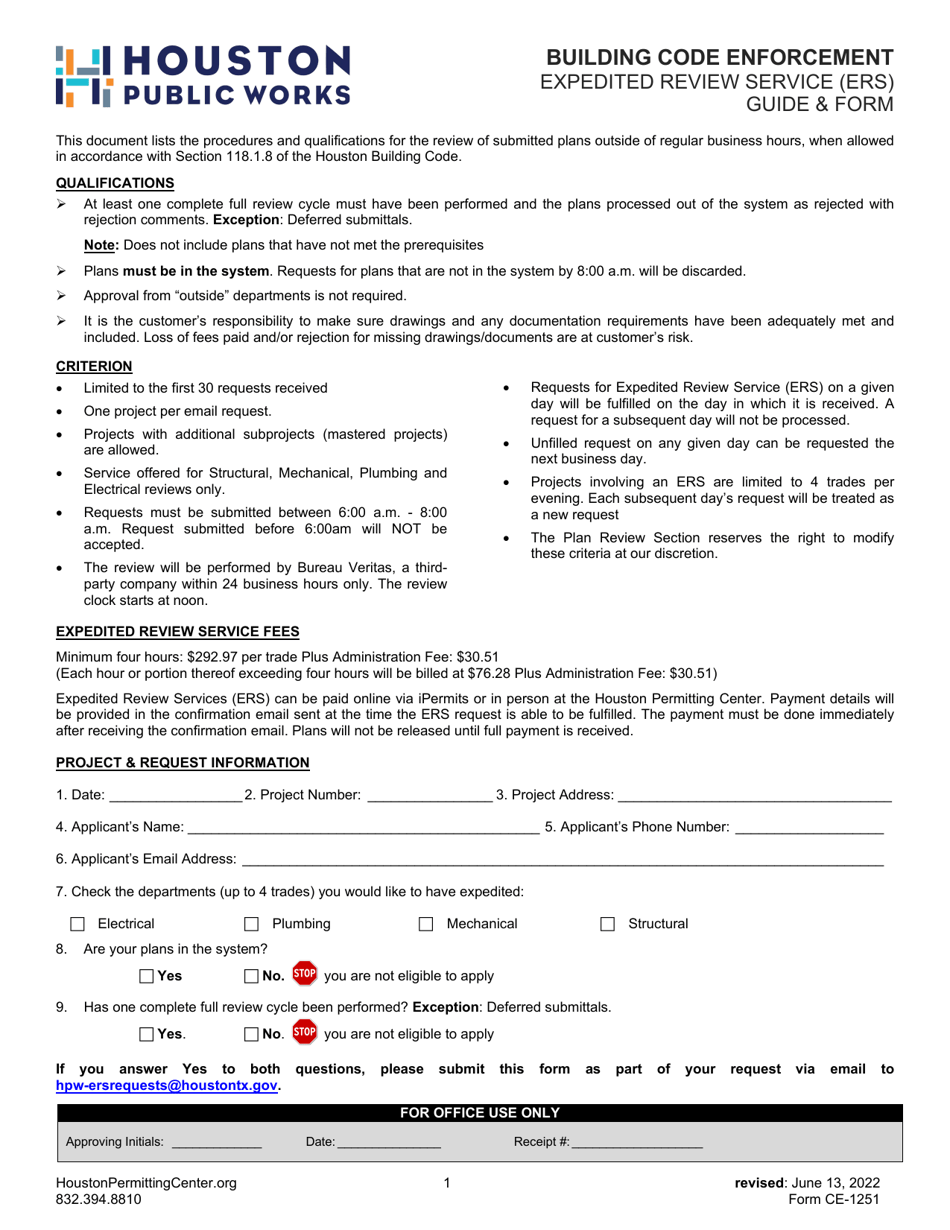 Form CE-1251 Building Code Enforcement - City of Houston, Texas, Page 1