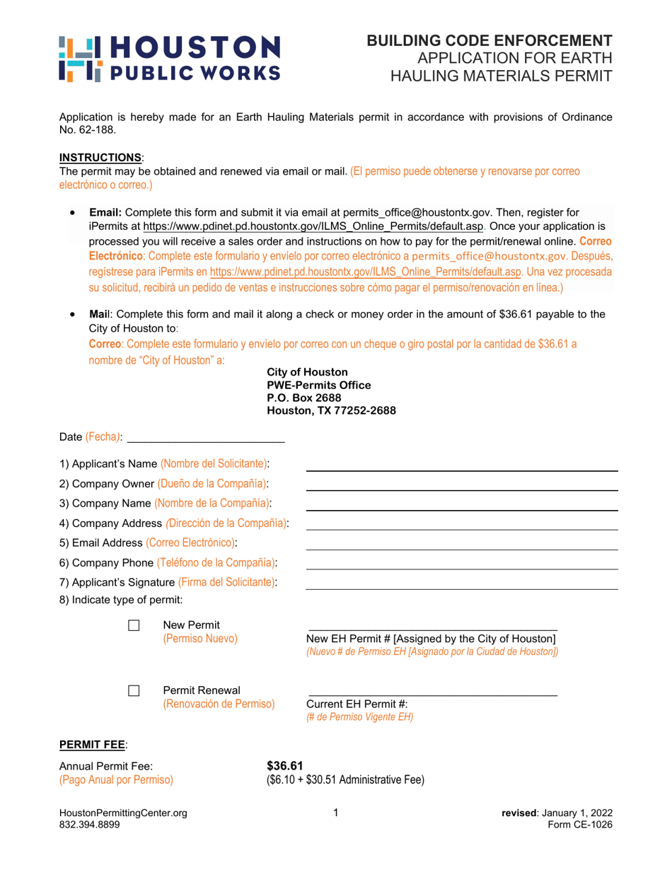 Form CE-1026 Application for Earth Hauling Materials Permit - City of Houston, Texas, Page 1