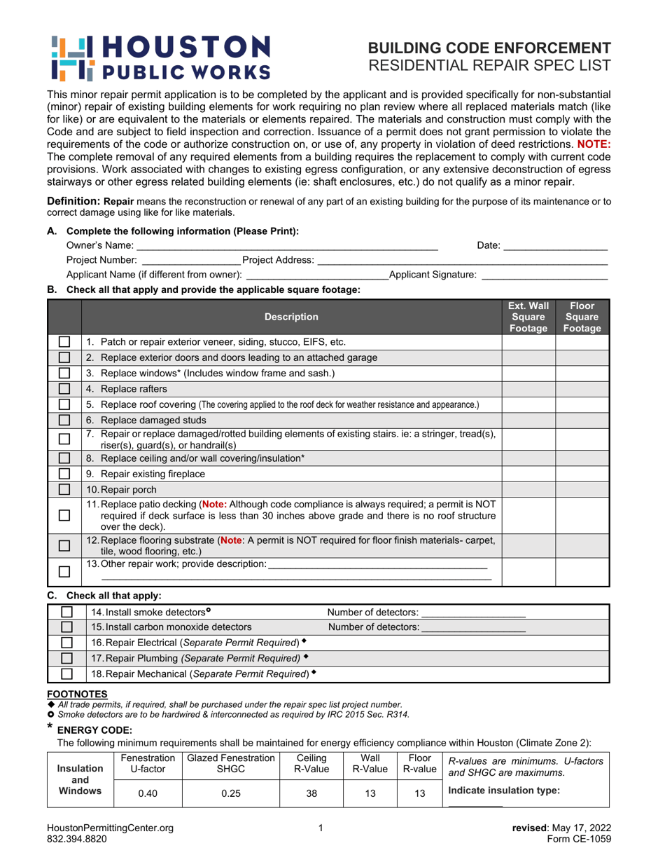 Form CE-1059 Residential Repair Spec List - City of Houston, Texas, Page 1